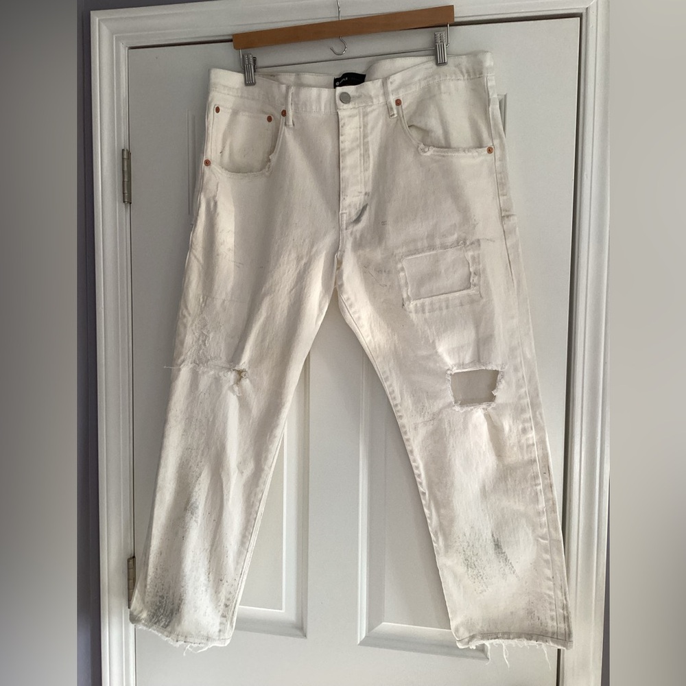 Purple-Brand Distressed Splattered Paint Straight Leg White Jeans 38 men